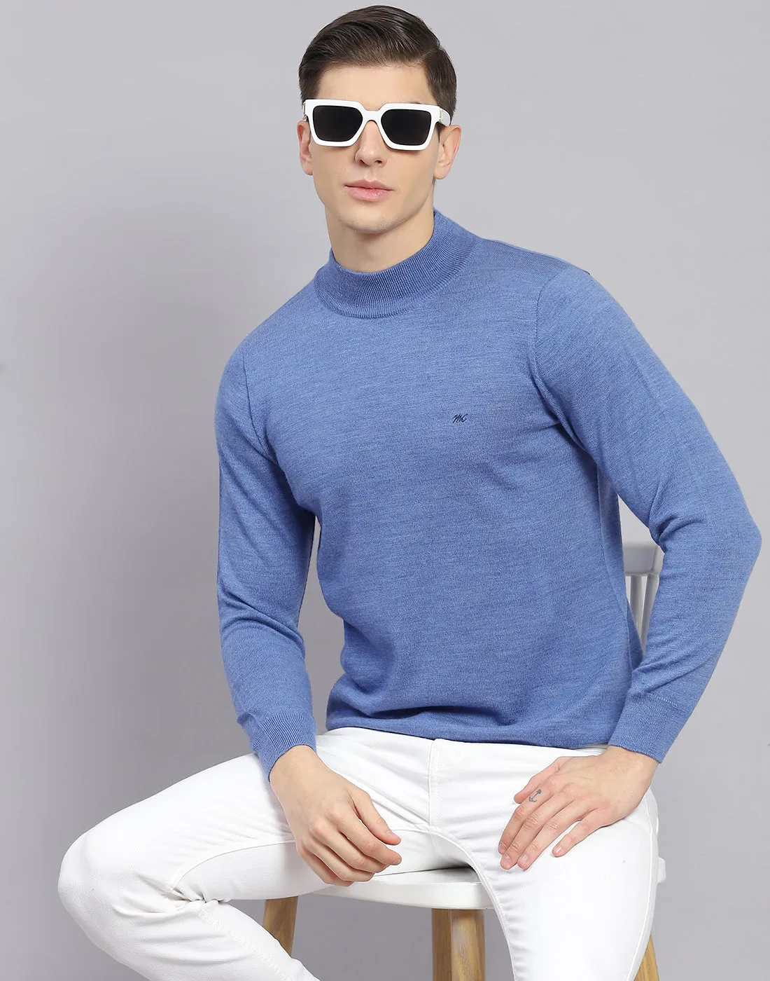 Men Blue Solid Turtle Neck Full Sleeve Pullover