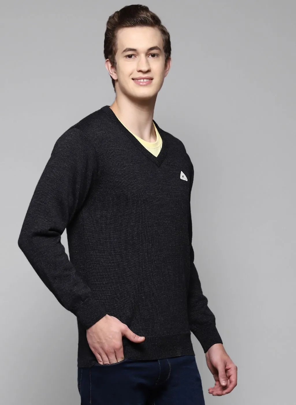 Men Grey Solid Pure wool Pullover