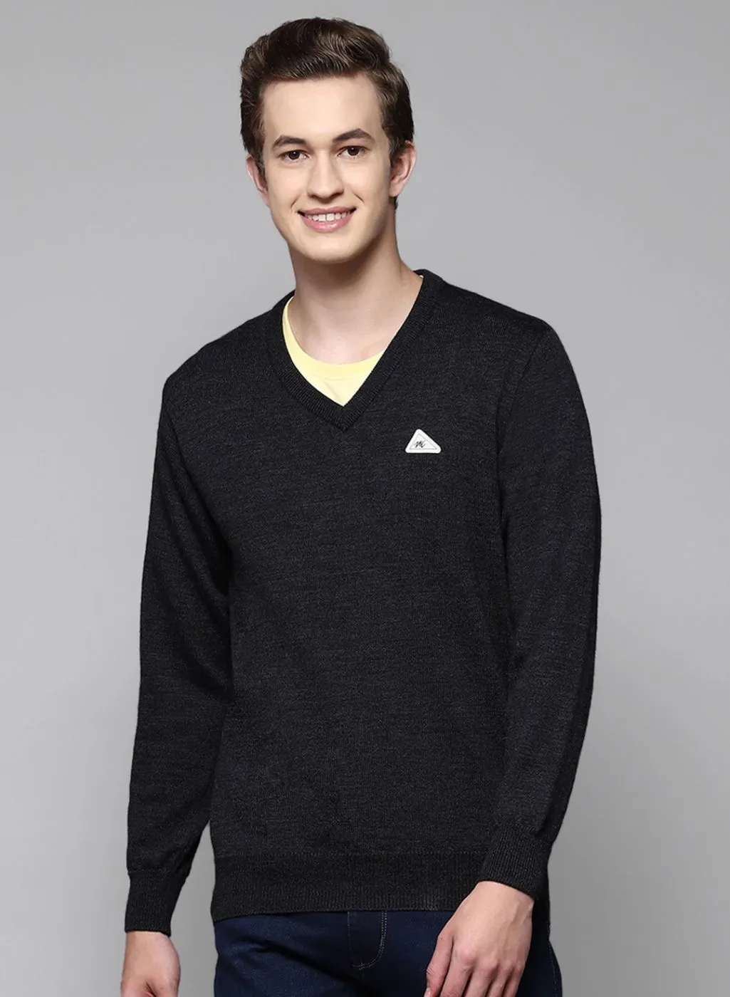 Men Grey Solid Pure wool Pullover