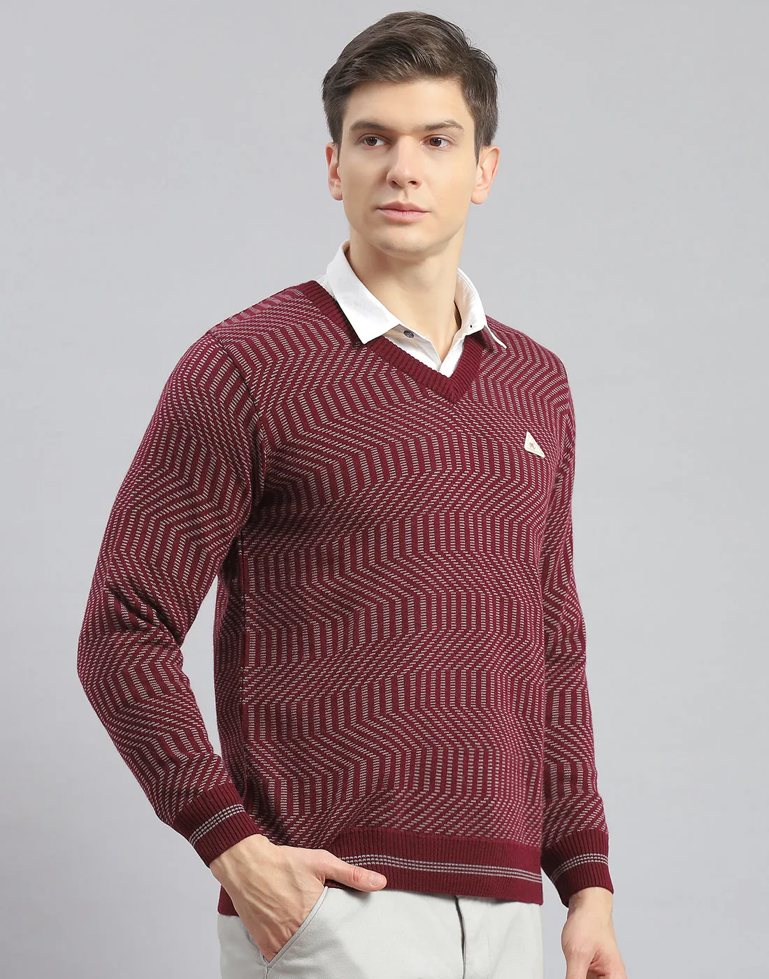 Men Maroon Self Design V Neck Full Sleeve Pullover