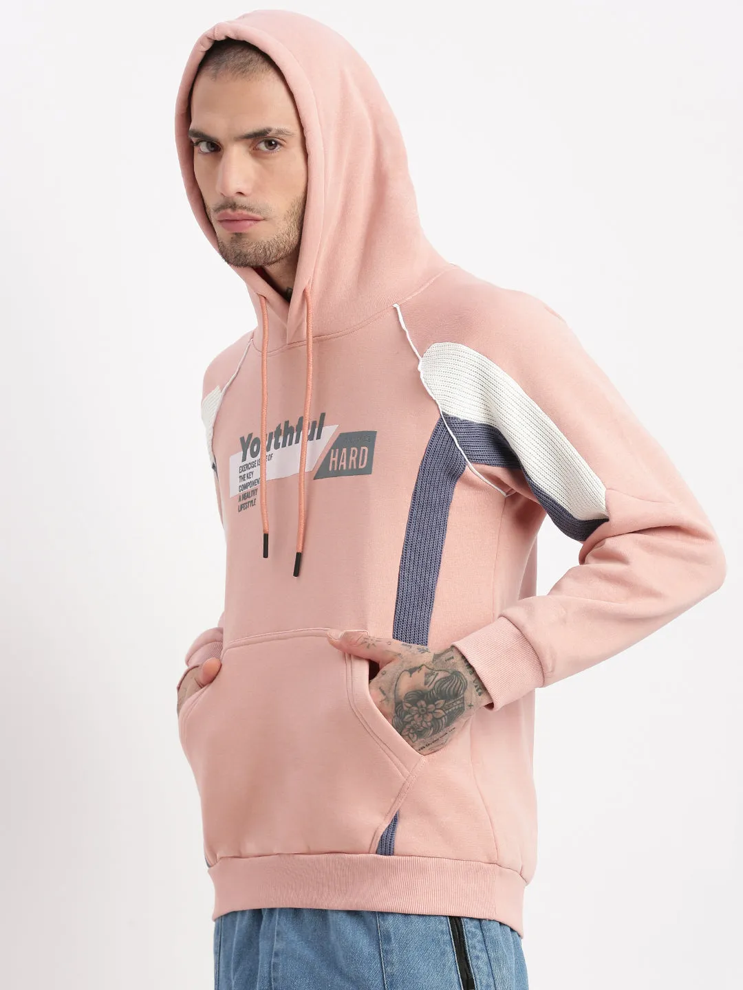 Men Peach Graphic Hooded Pullover