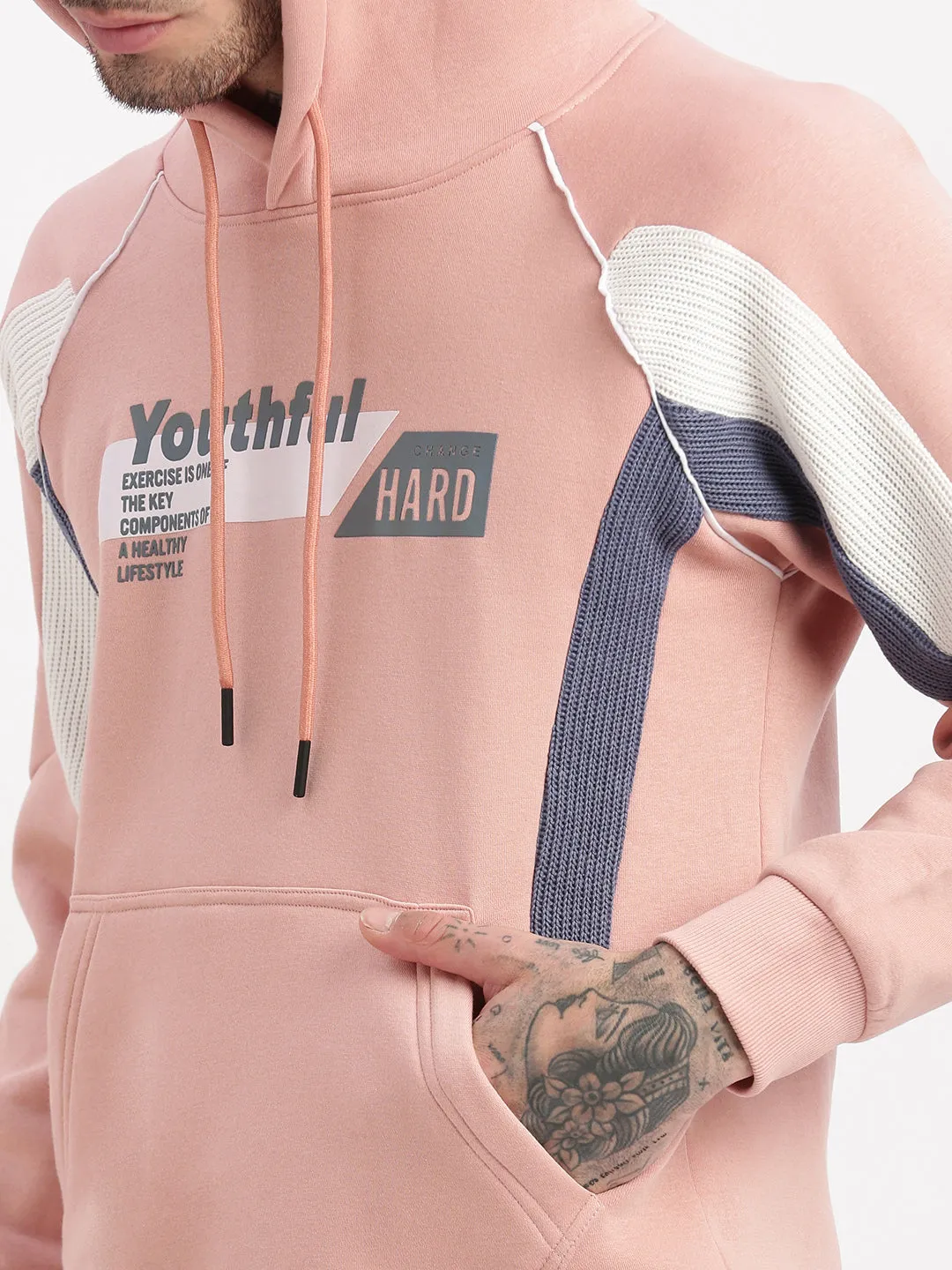 Men Peach Graphic Hooded Pullover