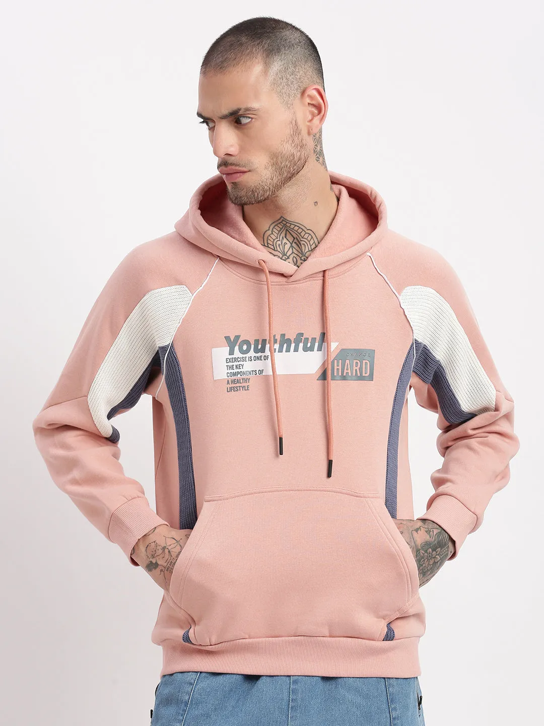 Men Peach Graphic Hooded Pullover