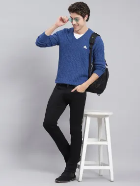 Men Royal Blue Self Design Lamb wool Pullover