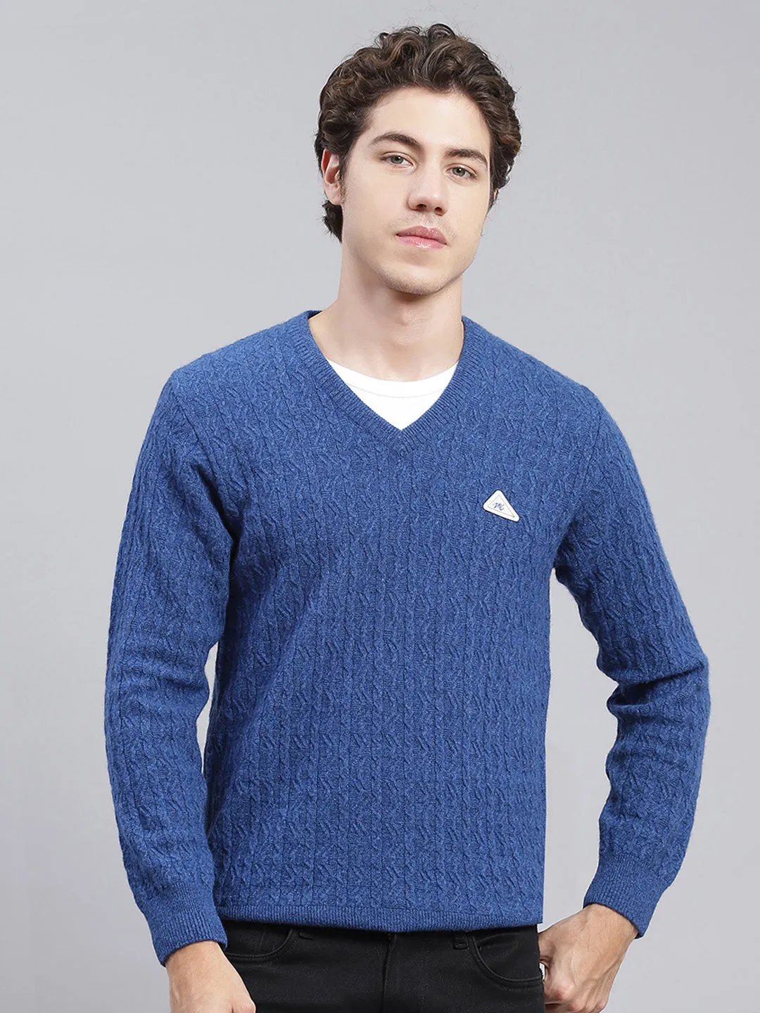 Men Royal Blue Self Design Lamb wool Pullover