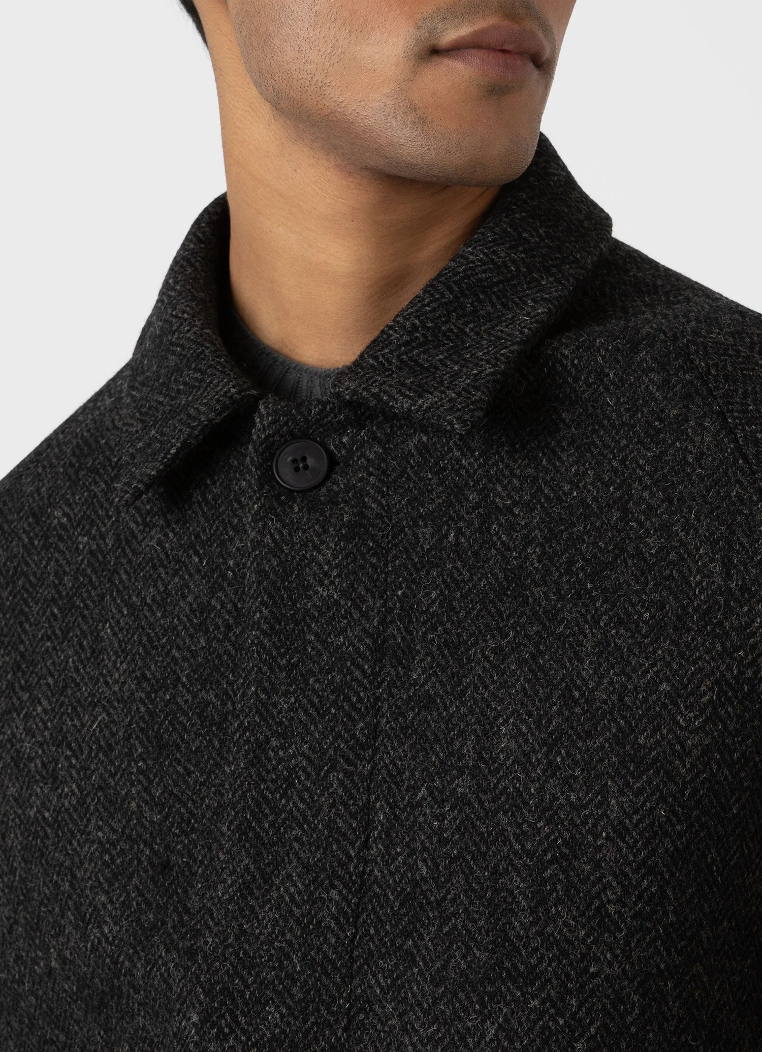 Men's Harris Tweed Car Coat in Charcoal Melange Herringbone