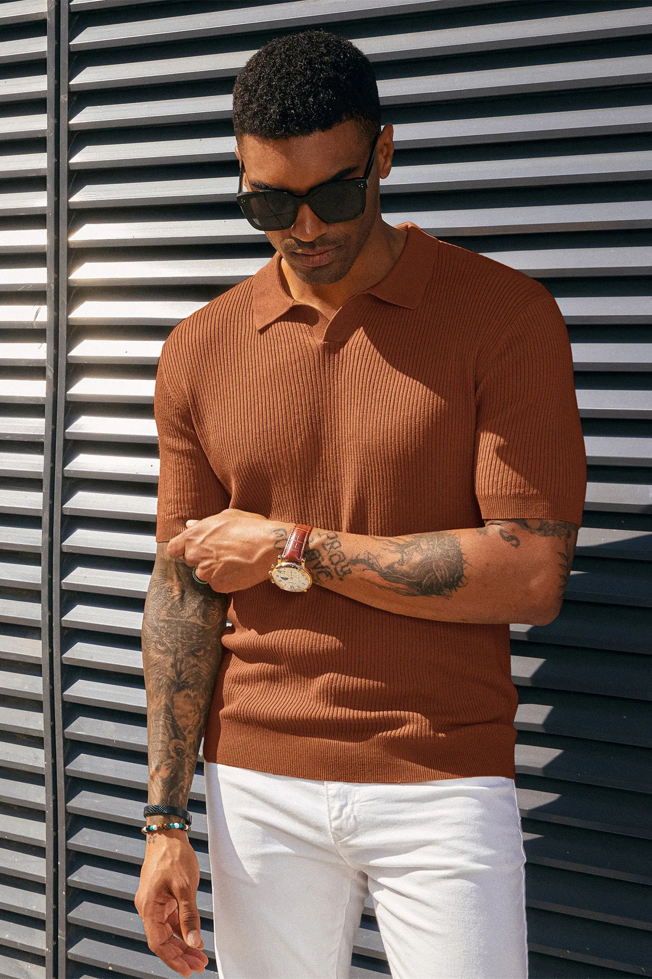 Men's Polo Shirt Ribbed Textured V Neck Knit Polo Shirts