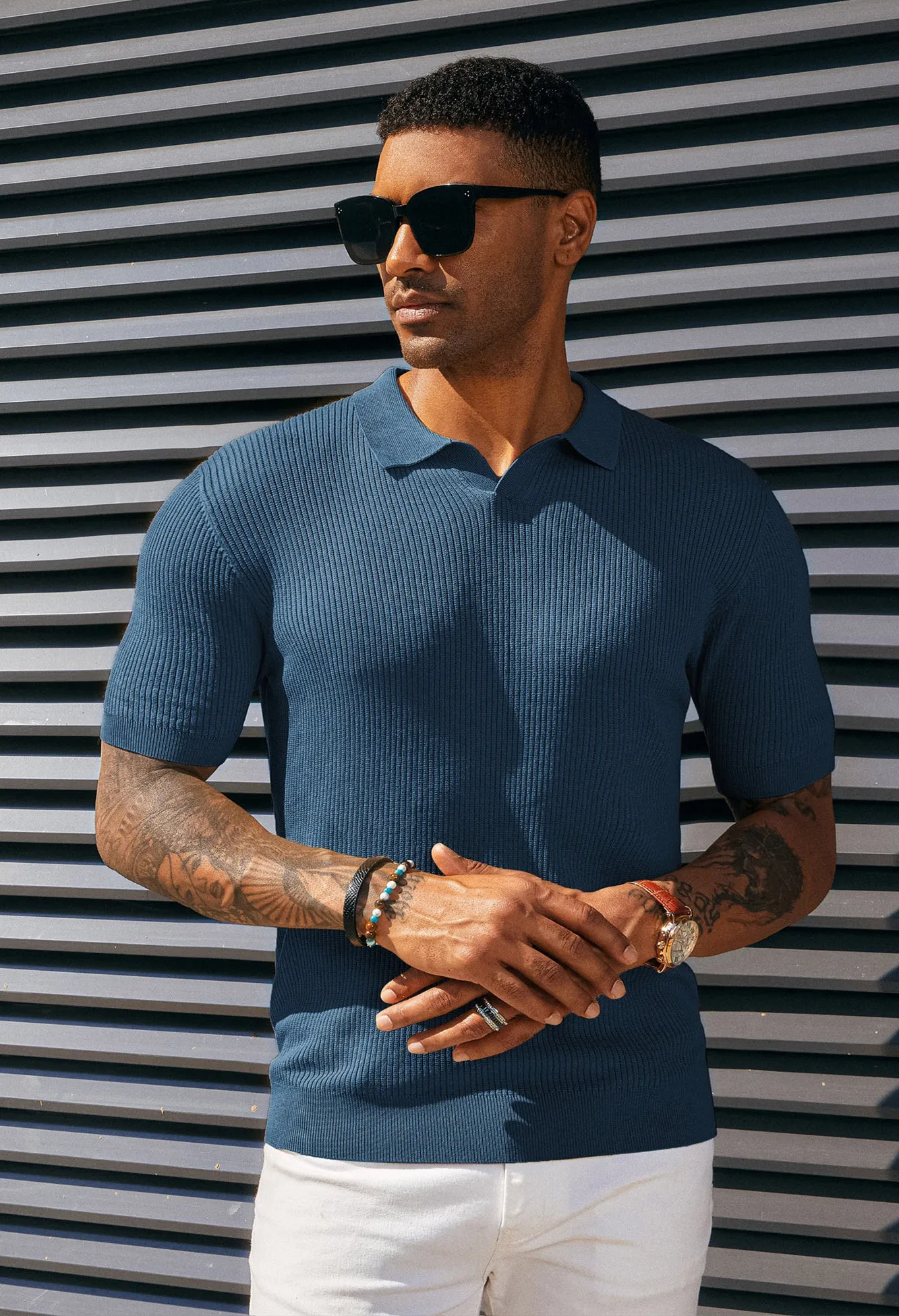 Men's Polo Shirt Ribbed Textured V Neck Knit Polo Shirts