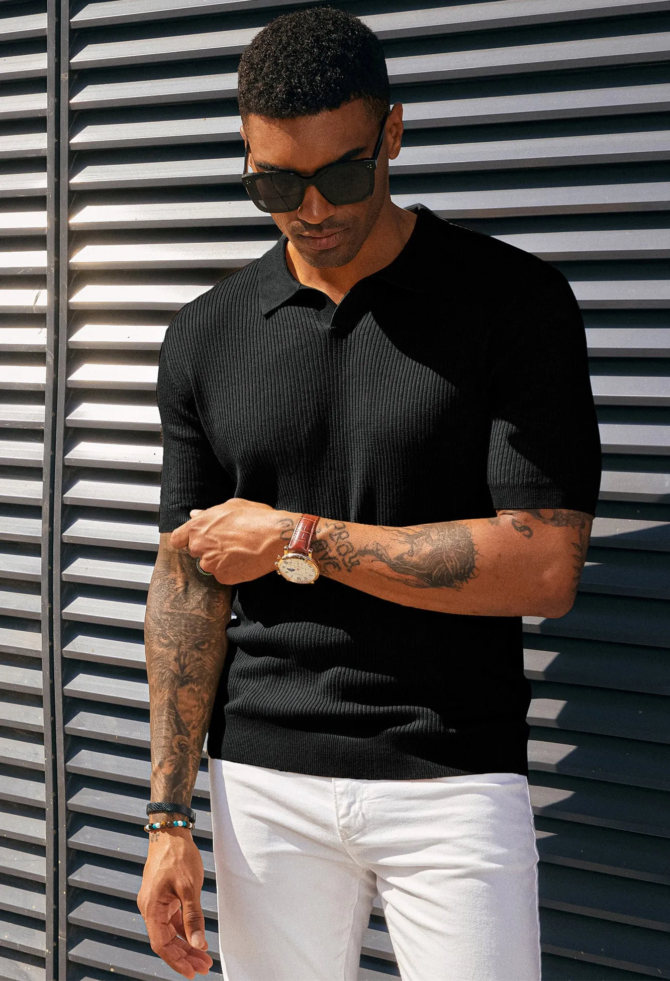 Men's Polo Shirt Ribbed Textured V Neck Knit Polo Shirts