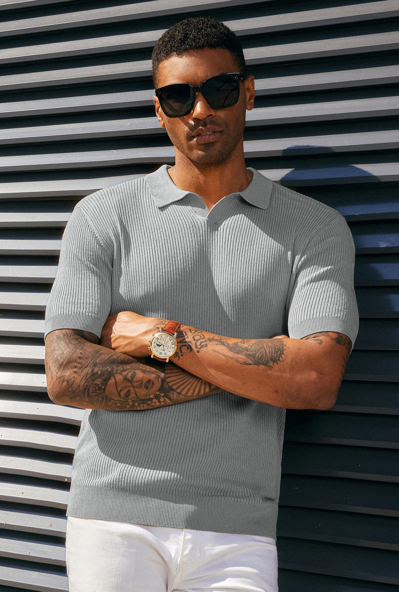 Men's Polo Shirt Ribbed Textured V Neck Knit Polo Shirts