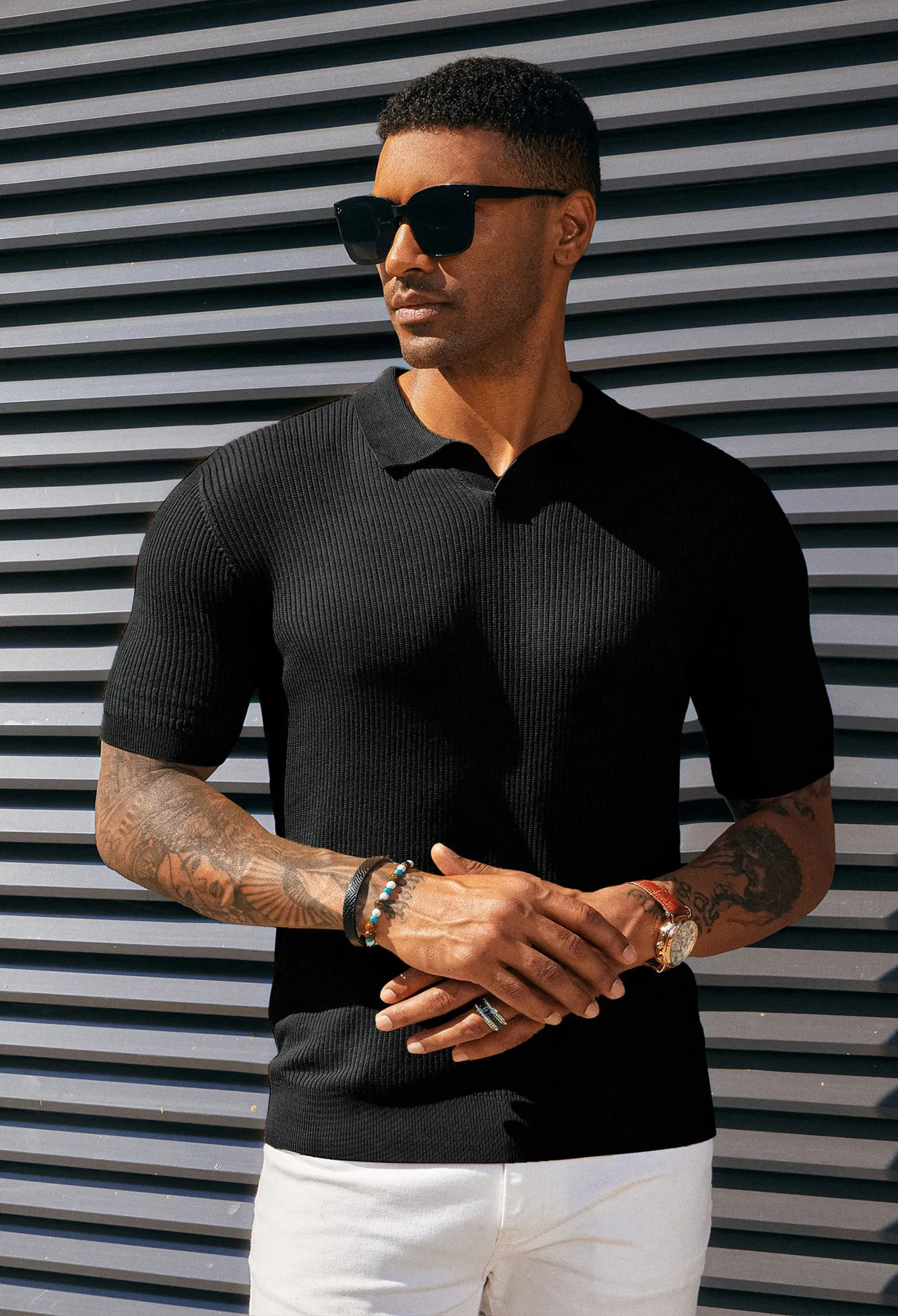 Men's Polo Shirt Ribbed Textured V Neck Knit Polo Shirts