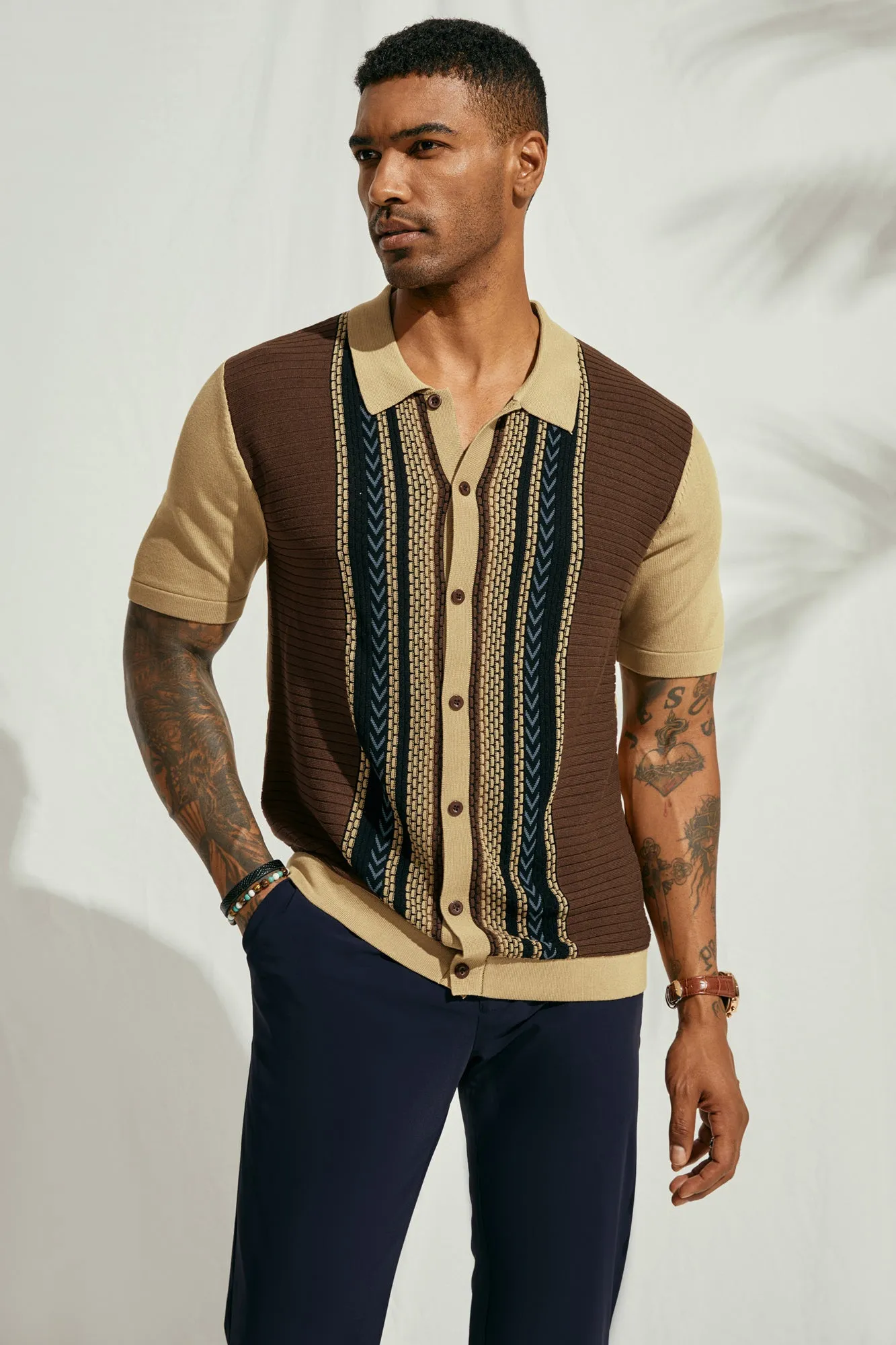 Mens Vintage Polo Shirts Contrast Stripe Retro Short Sleeve Knit Button Down Polo Cardigan Shirt