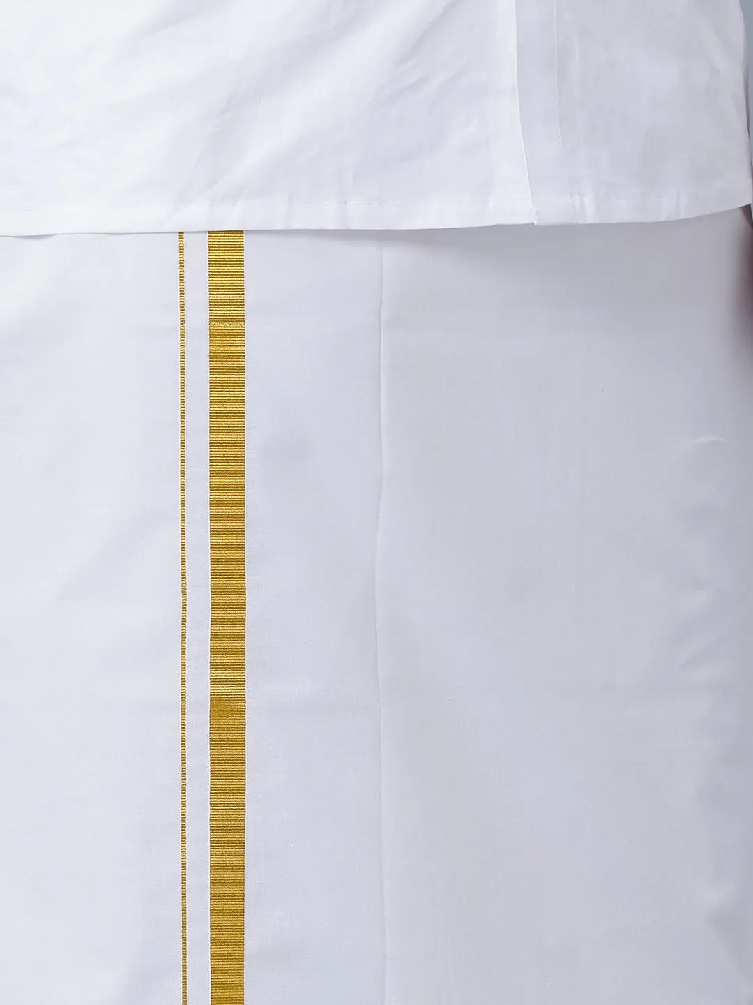 Mens Wrinkle Free White Full Sleeves Shirt with 3/4''Jari Double Dhoti Towel Combo