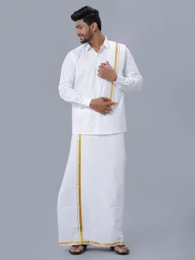 Mens Wrinkle Free White Full Sleeves Shirt with 3/4''Jari Double Dhoti Towel Combo