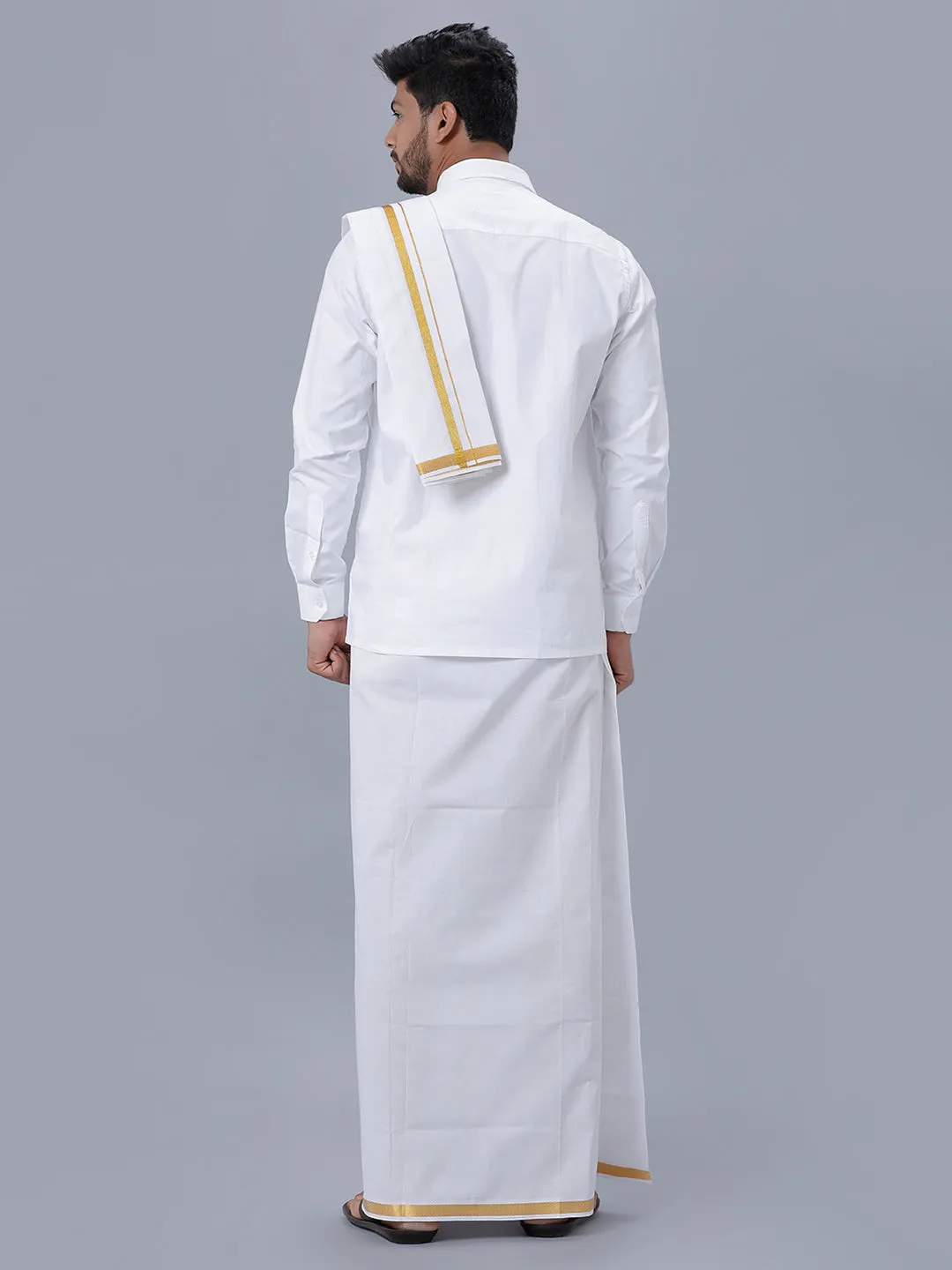 Mens Wrinkle Free White Full Sleeves Shirt with 3/4''Jari Double Dhoti Towel Combo