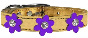 Metallic Flower Leather Collar Gold With Metallic Purple Flowers Size 18