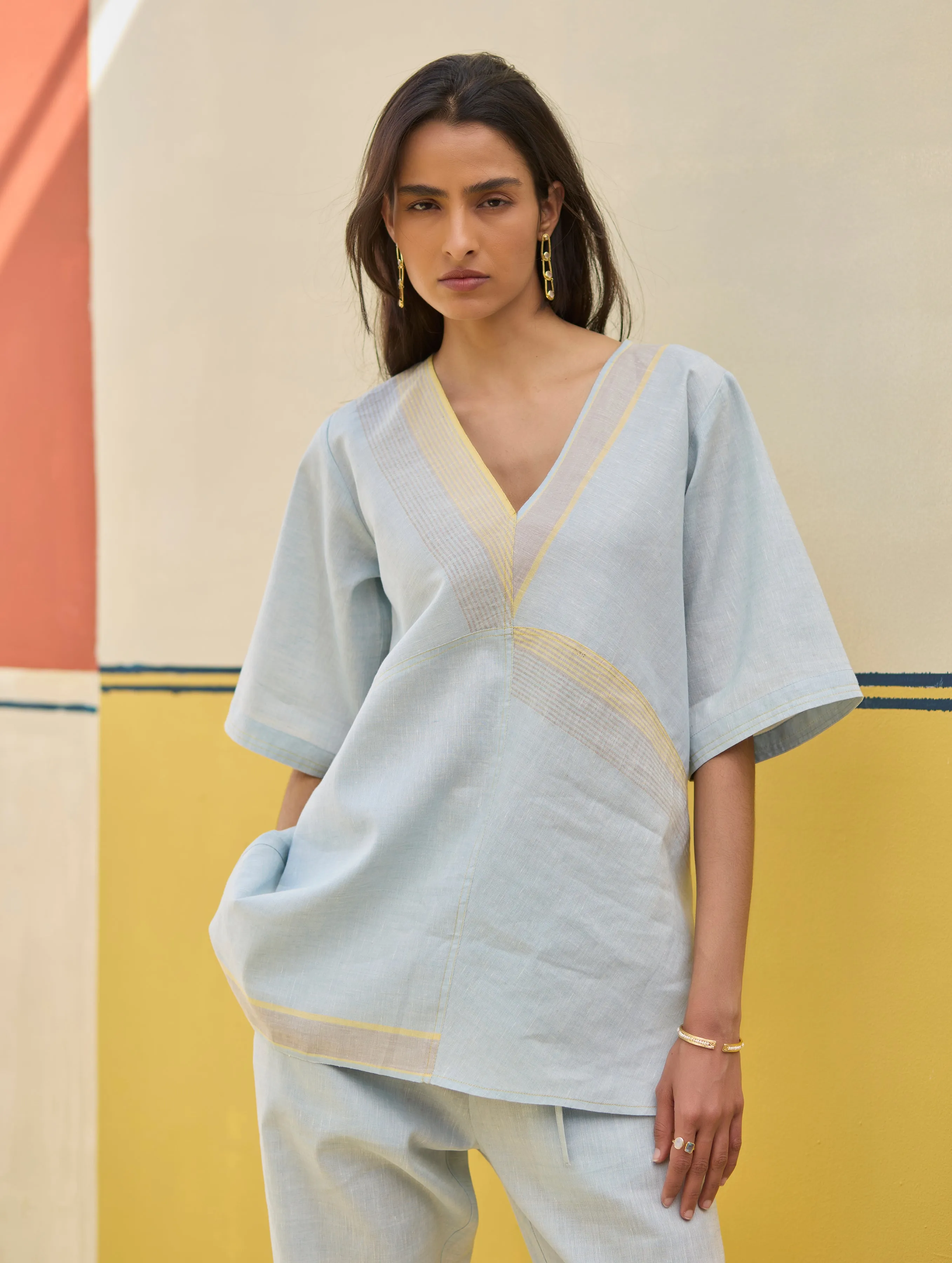 Moriko Border Linen Co-ord Set - Sky