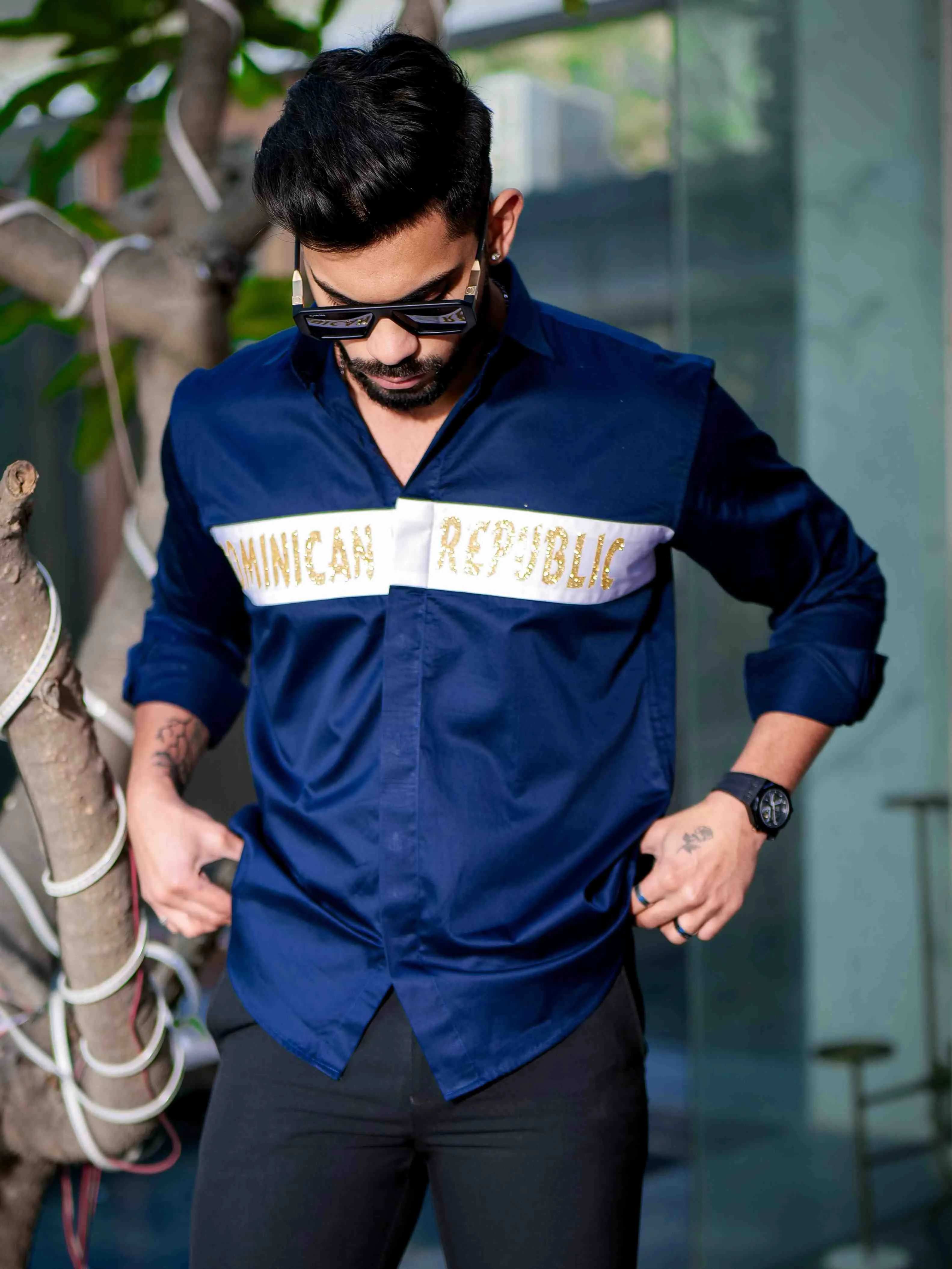 Navy Club Wear Dominican Republic Printed Satin Cotton Shirt