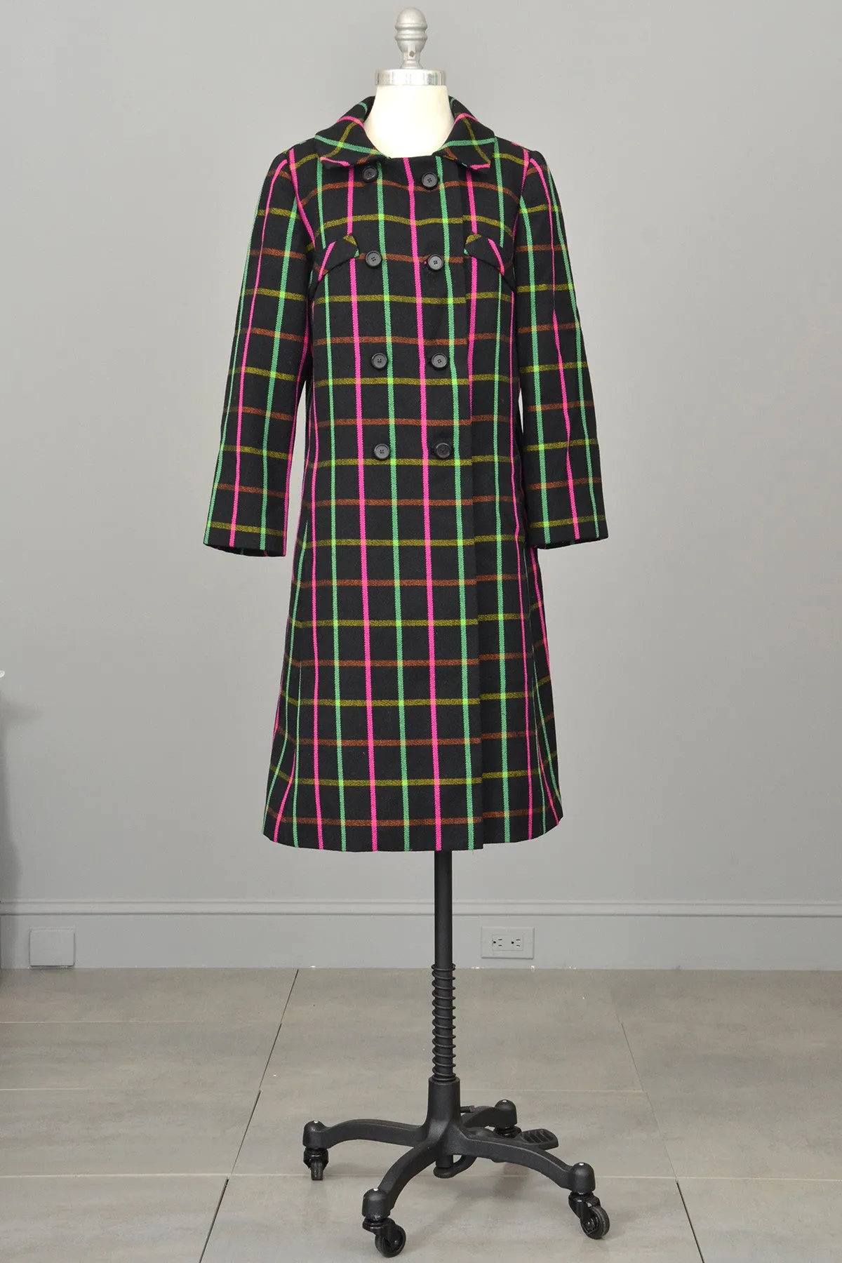 Neon Pink and Green Windowpane Mod Vintage Coat