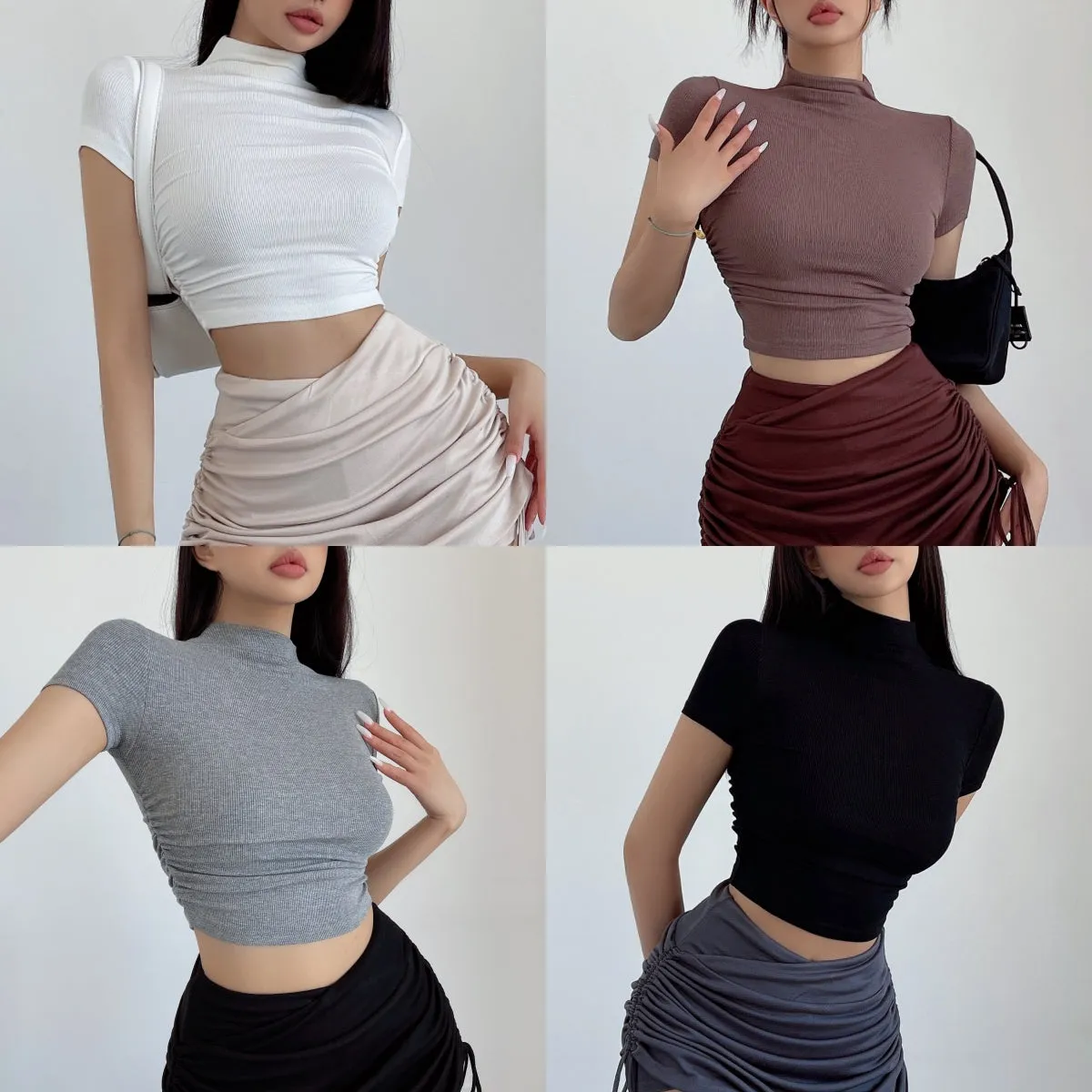 Niala Solid Color Turtleneck Pleated Short Sleeve Slim Cropped Top