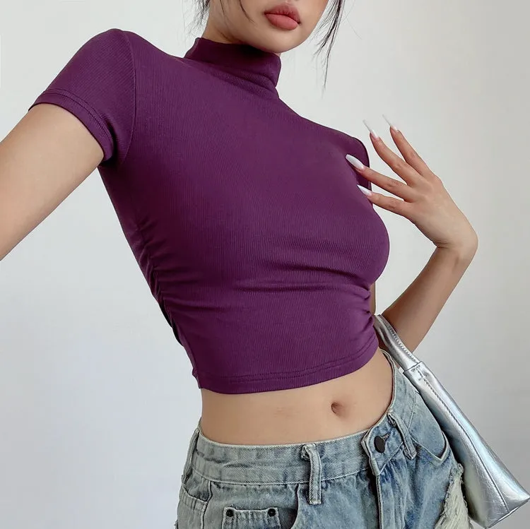 Niala Solid Color Turtleneck Pleated Short Sleeve Slim Cropped Top