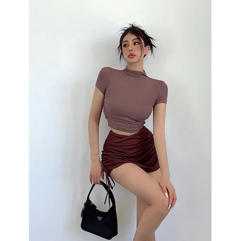 Niala Solid Color Turtleneck Pleated Short Sleeve Slim Cropped Top