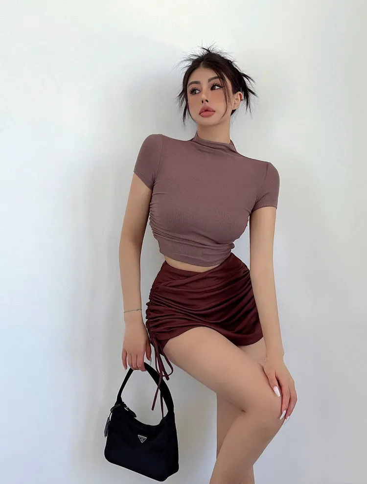 Niala Solid Color Turtleneck Pleated Short Sleeve Slim Cropped Top