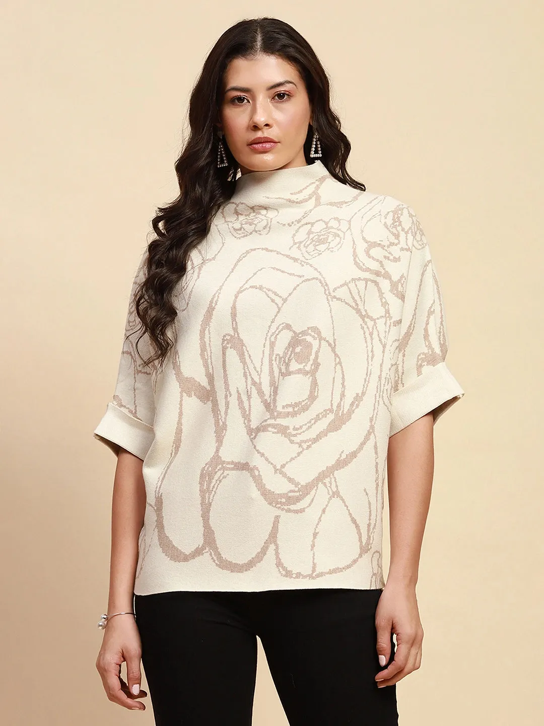 Off White Viscose Blend Loose Fit Pullover For Women