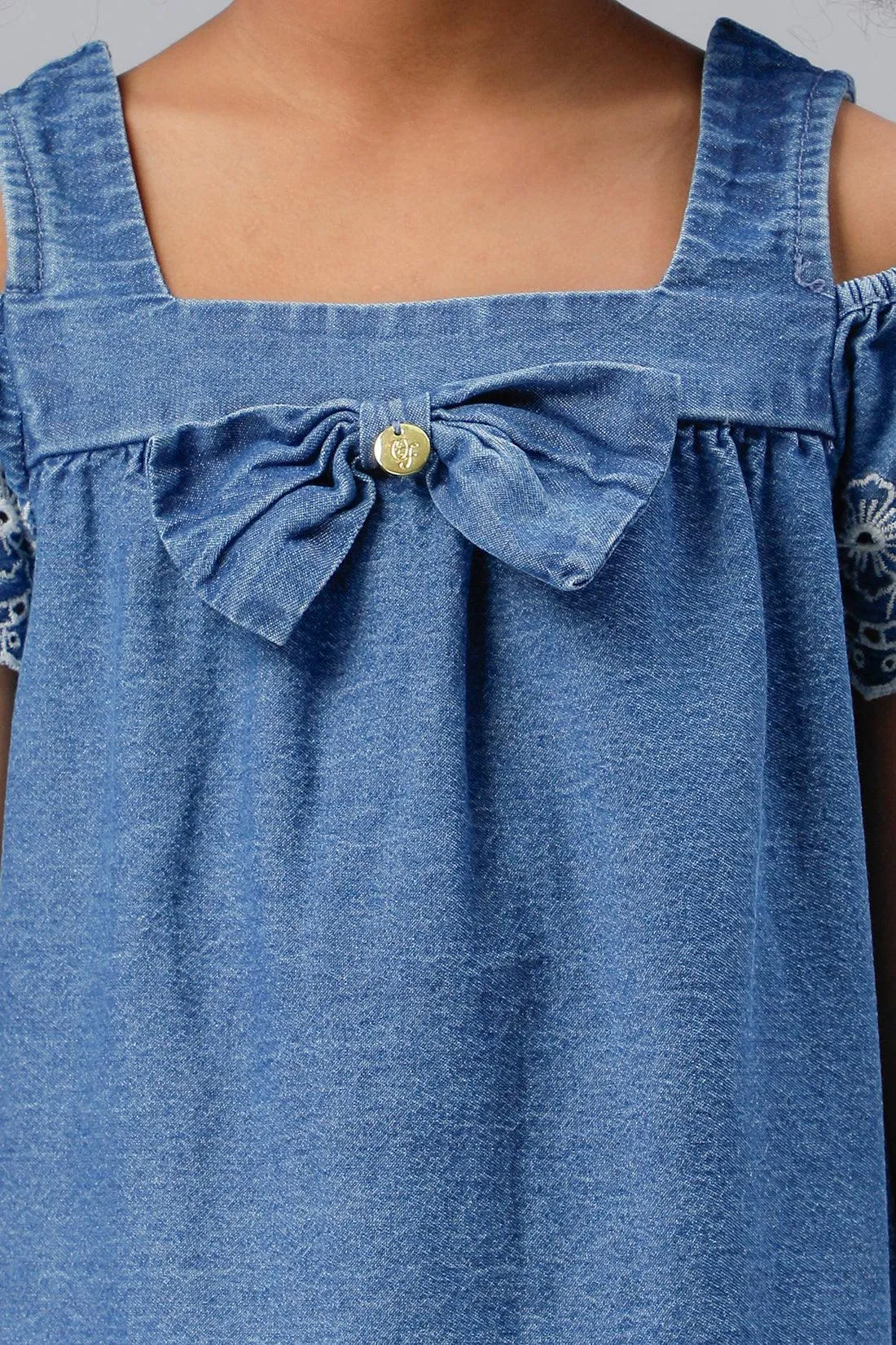 One Friday Girls Blue Cold-Shoulder Embroidered Dress