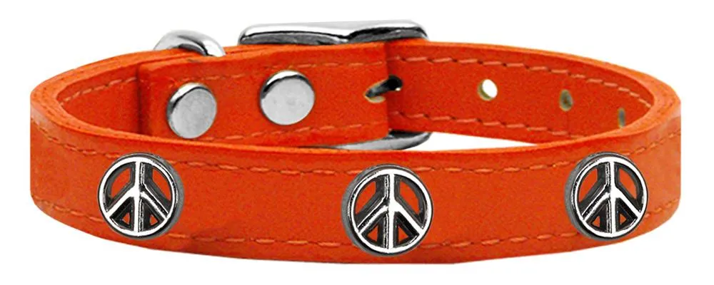 Peace Sign Widget Genuine Leather Dog Collar Orange 10