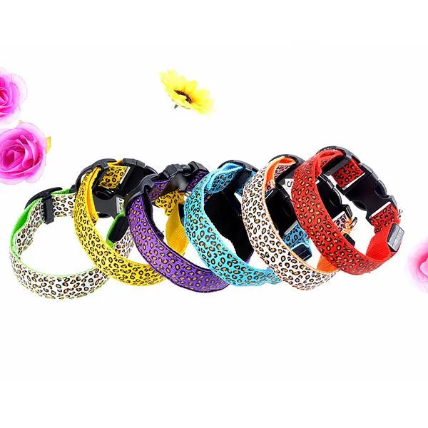 Pet Dog Leopard Nylon Safety LED Collar Colorful Flash Light Neck