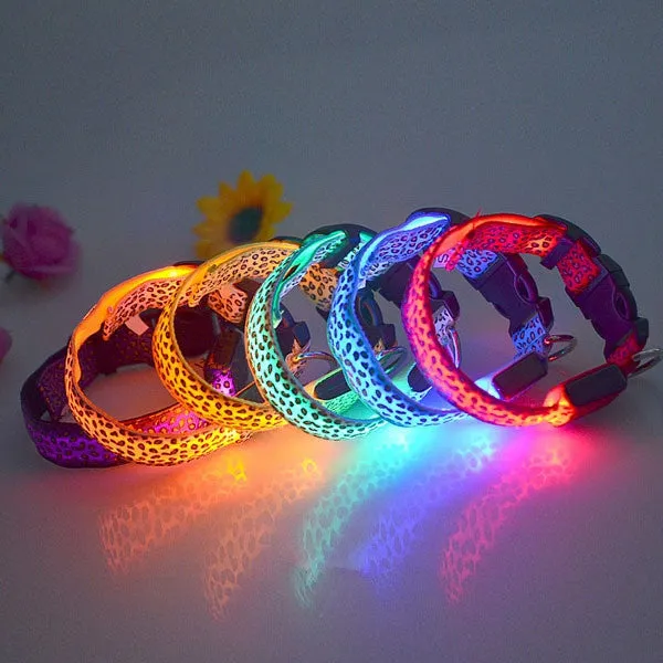 Pet Dog Leopard Nylon Safety LED Collar Colorful Flash Light Neck