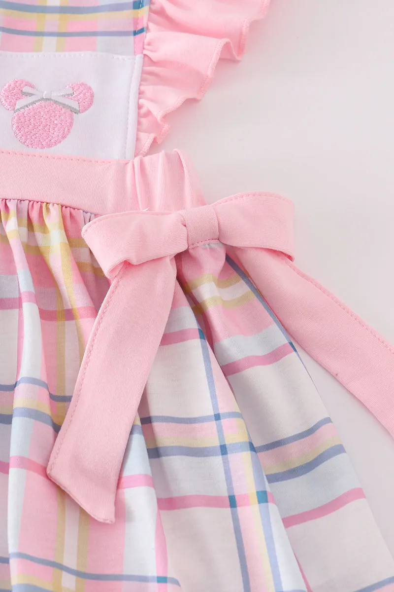 Pink plaid character embroidery girl set