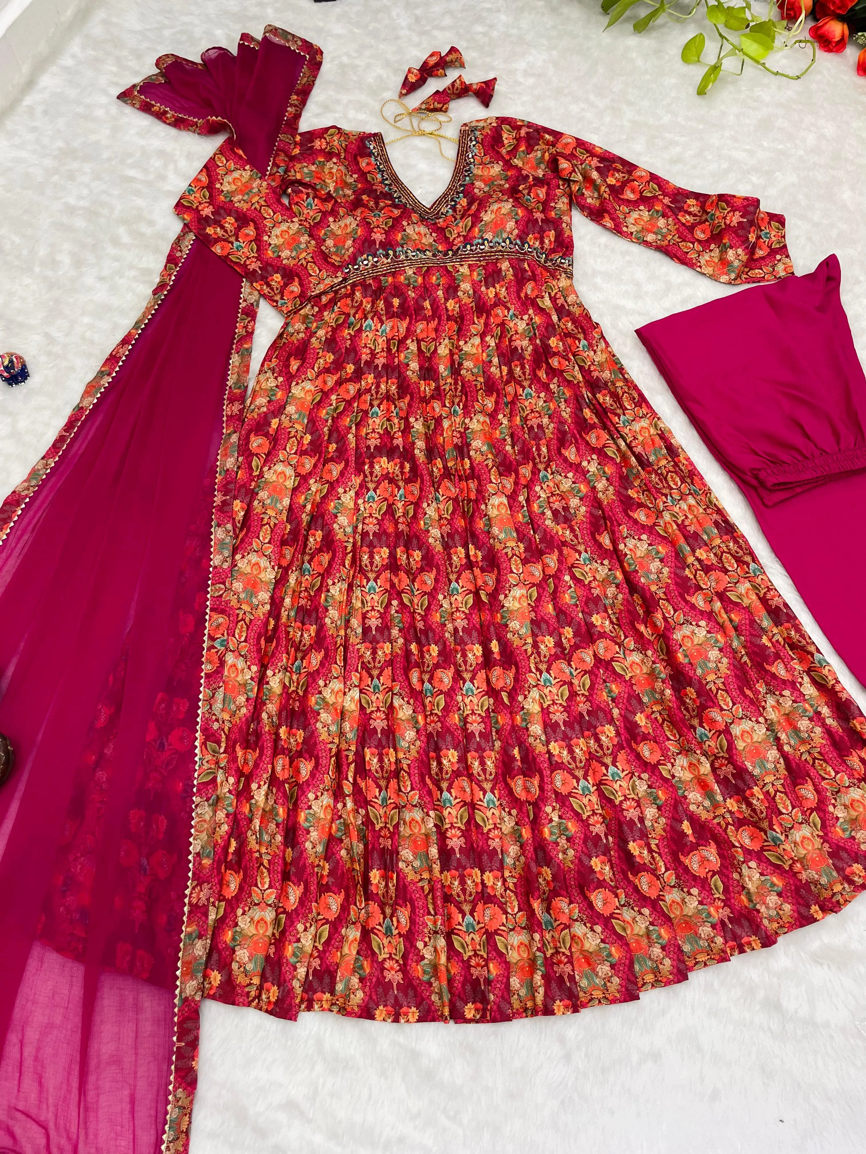 Pink Rakhi Special Party Wear Alia Cut Anarkali Dress with Dupatta and Pant