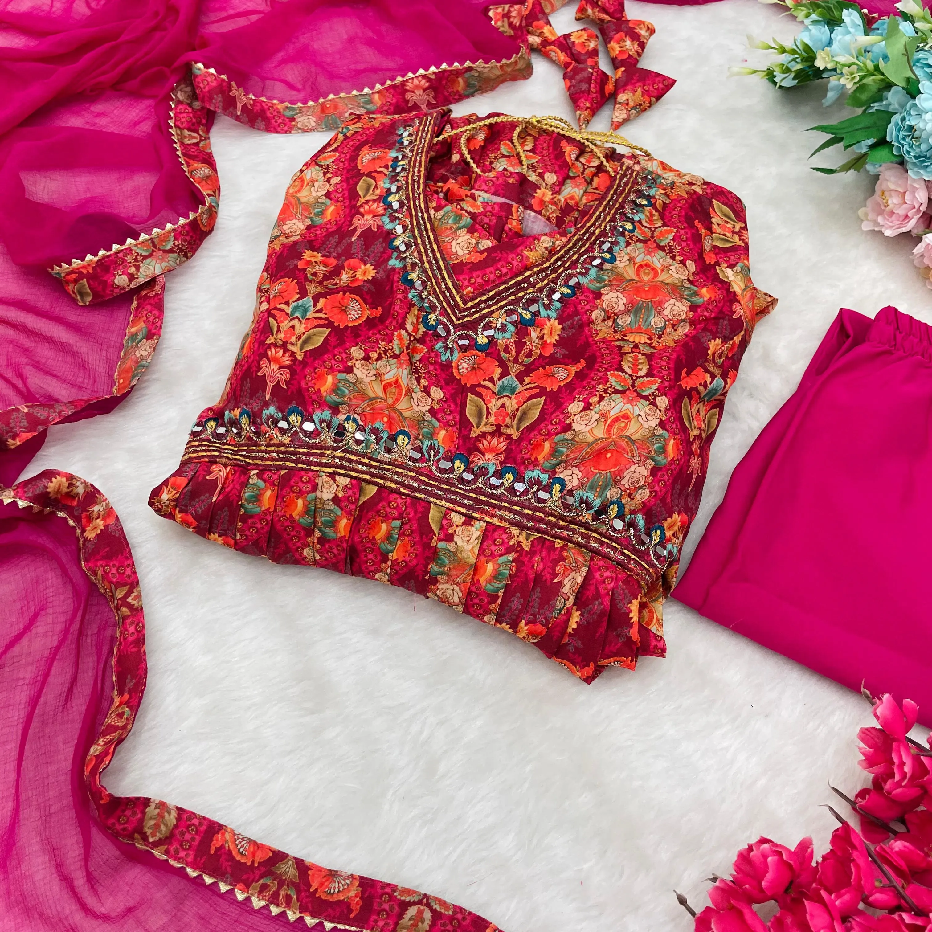 Pink Rakhi Special Party Wear Alia Cut Anarkali Dress with Dupatta and Pant