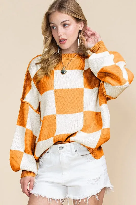 Plaid Exposed Seam Bishop Sleeve Sweater