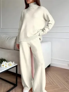 Plain Turtleneck Knit and Pants Set