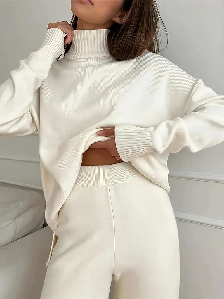 Plain Turtleneck Knit and Pants Set