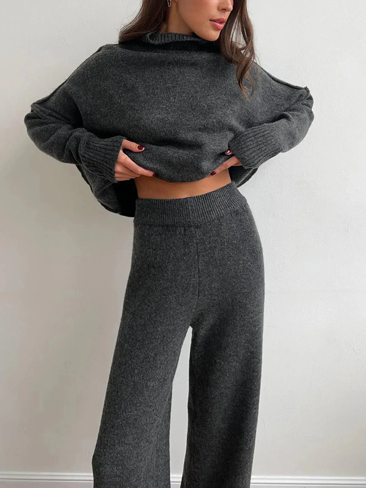 Plain Turtleneck Knit and Pants Set