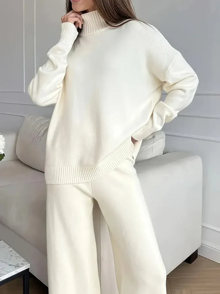 Plain Turtleneck Knit and Pants Set