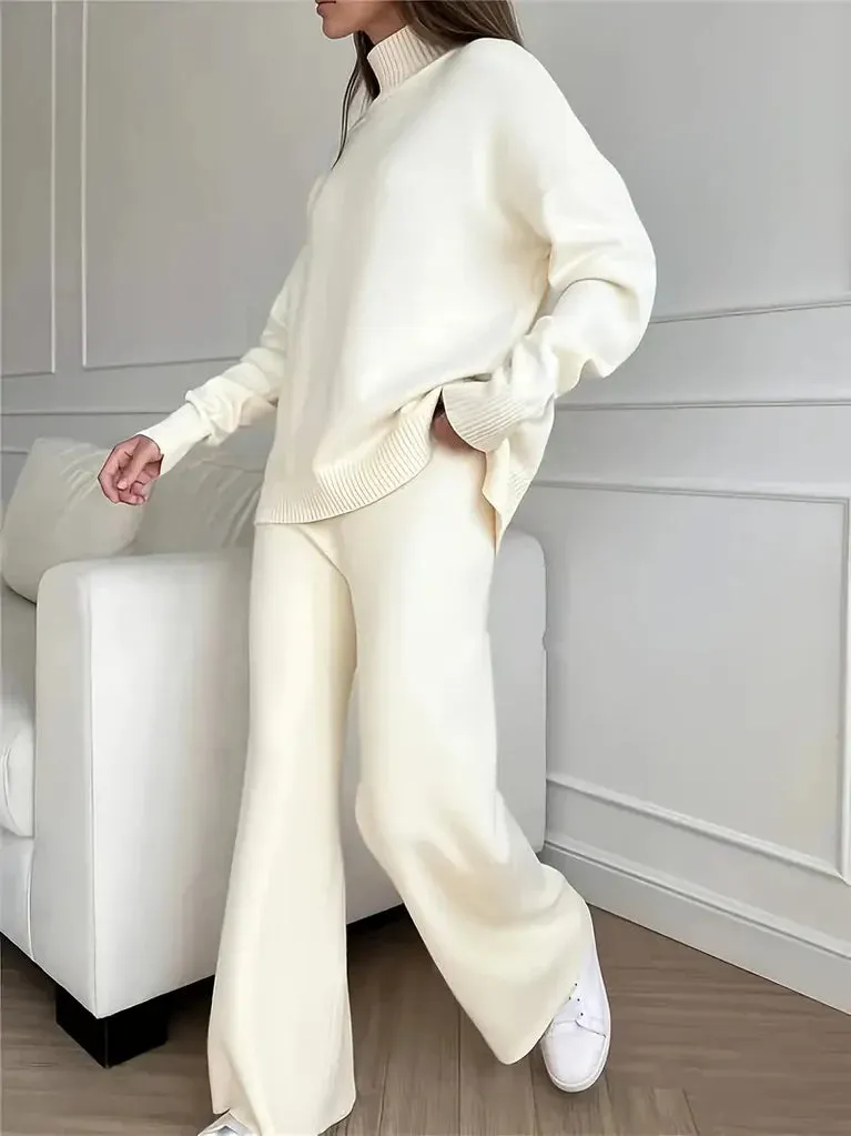 Plain Turtleneck Knit and Pants Set