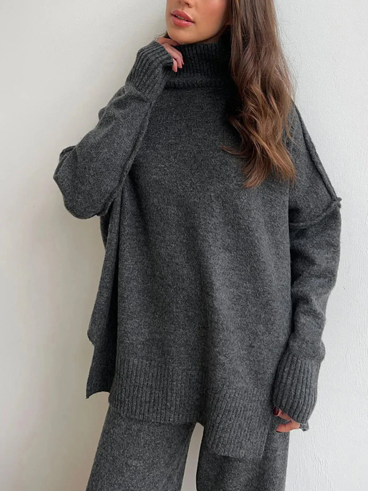 Plain Turtleneck Knit and Pants Set