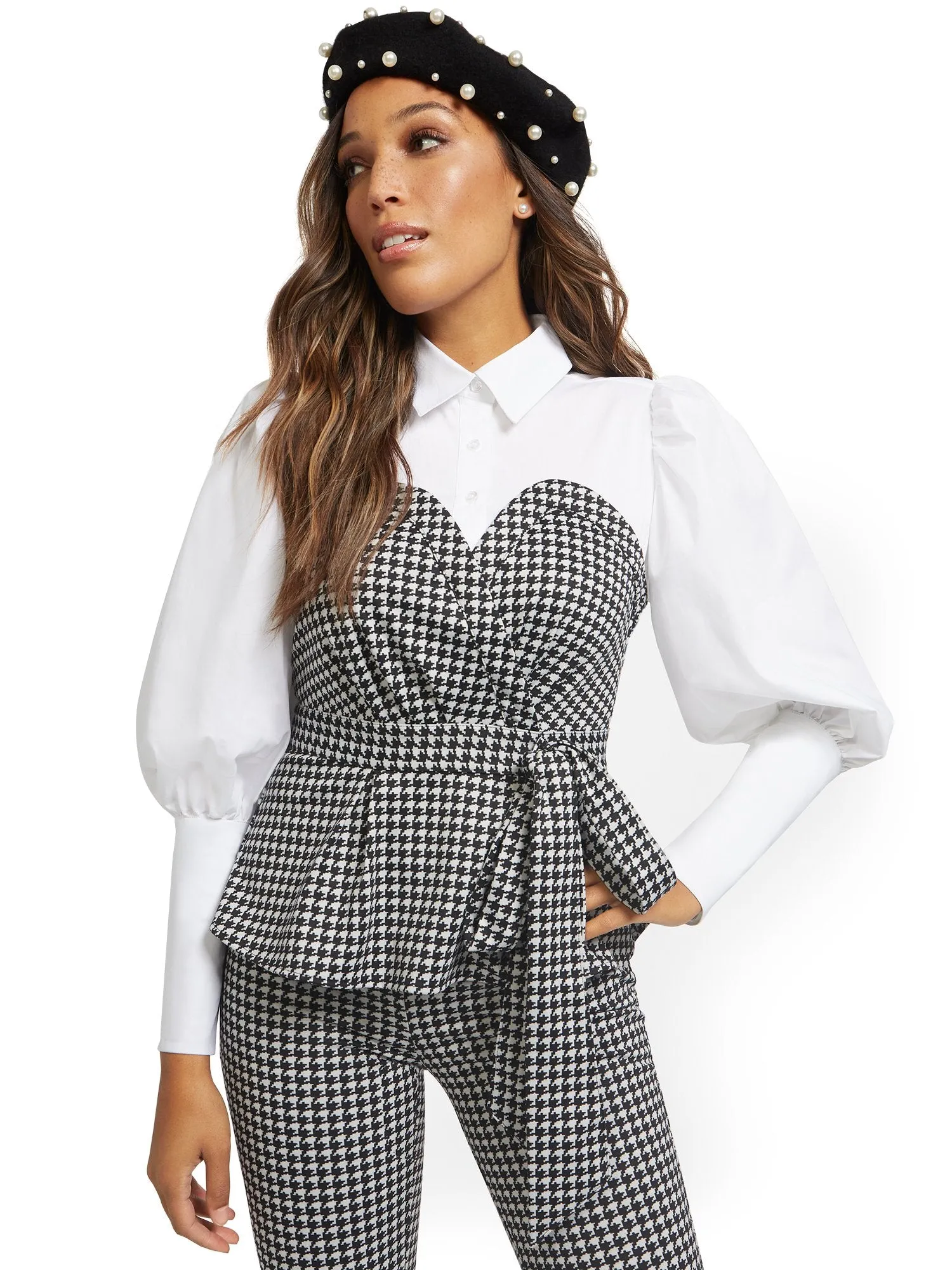 Poplin Houndstooth Twofer Top