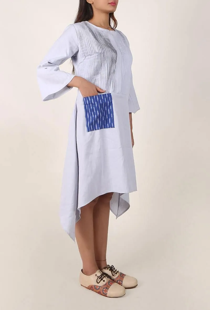 Powder Blue Cotton Slub Asymmetrical Dress