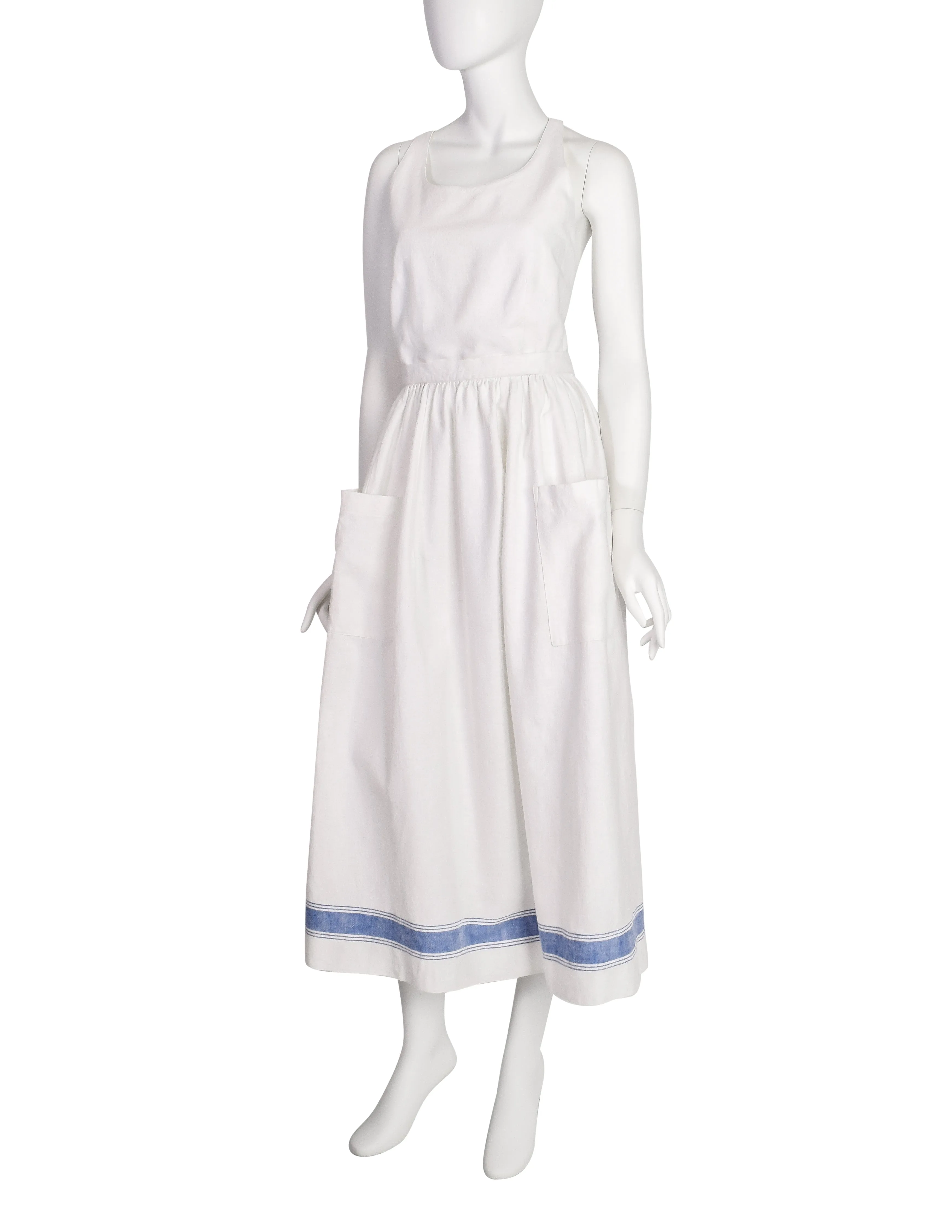 Ralph Lauren Vintage White Cotton Blue Stripe Countryside Apron Dress