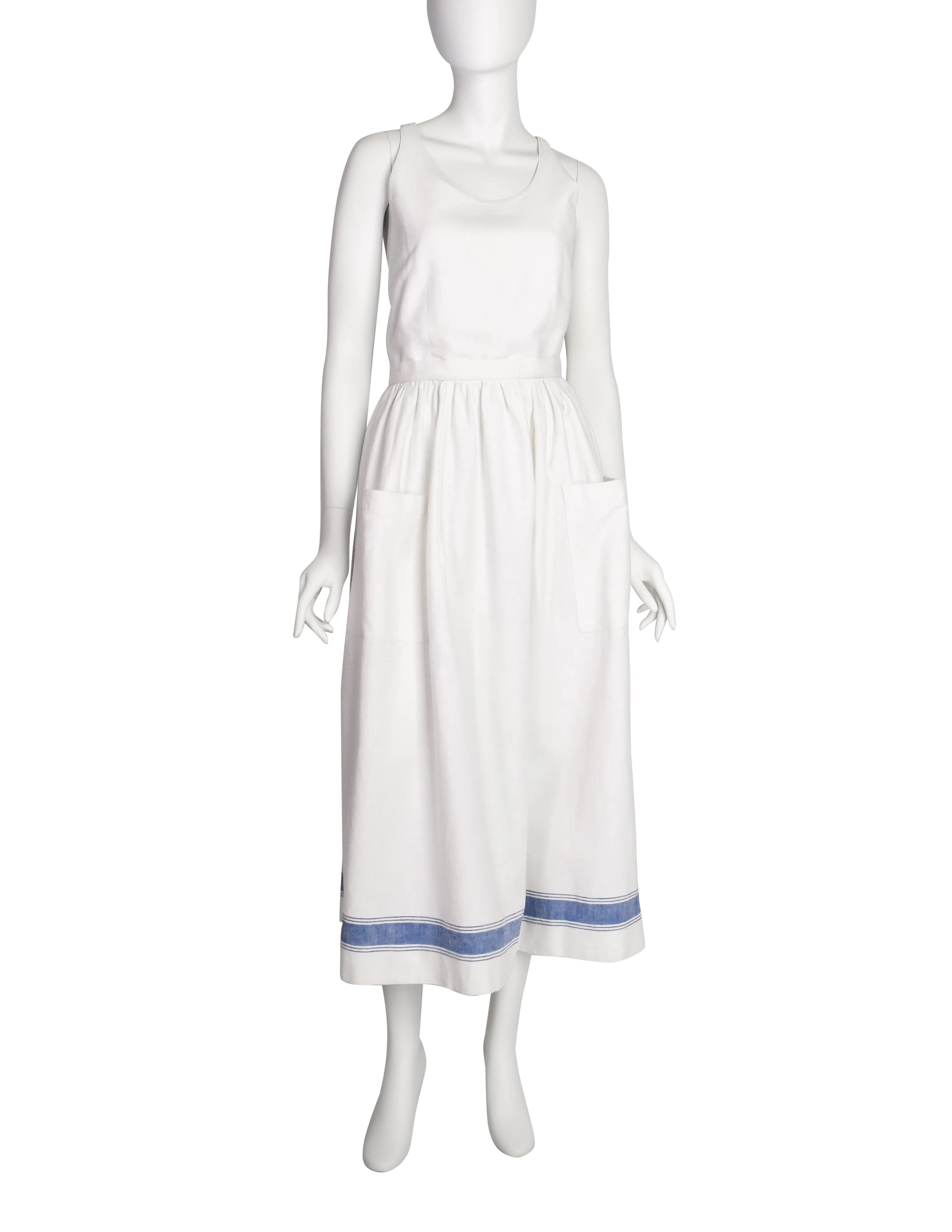 Ralph Lauren Vintage White Cotton Blue Stripe Countryside Apron Dress