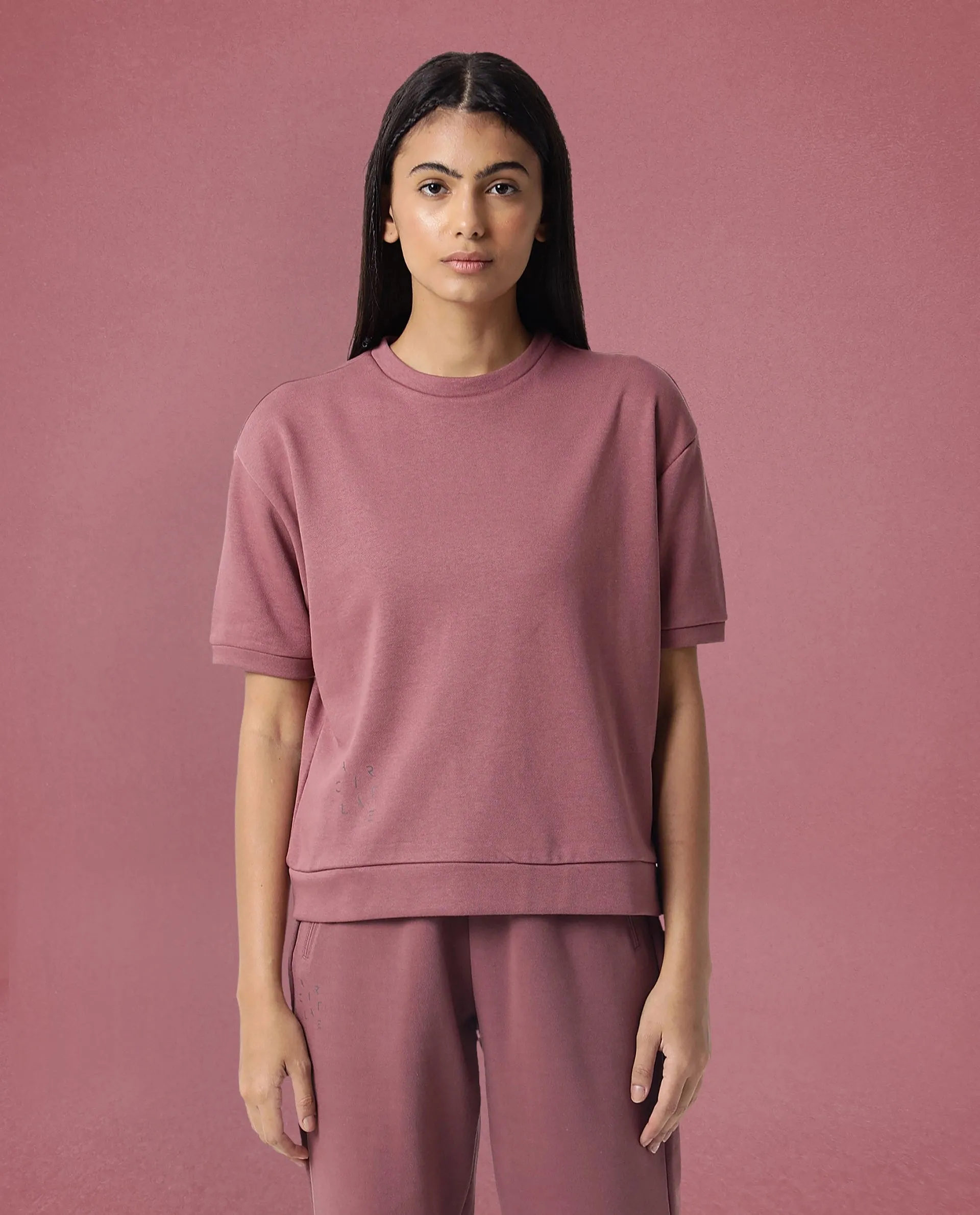 Rareism Women Coco Dark Pink Cotton Fabric Half Sleeves Relaxed Fit Solid Round Neck Sweat Tee