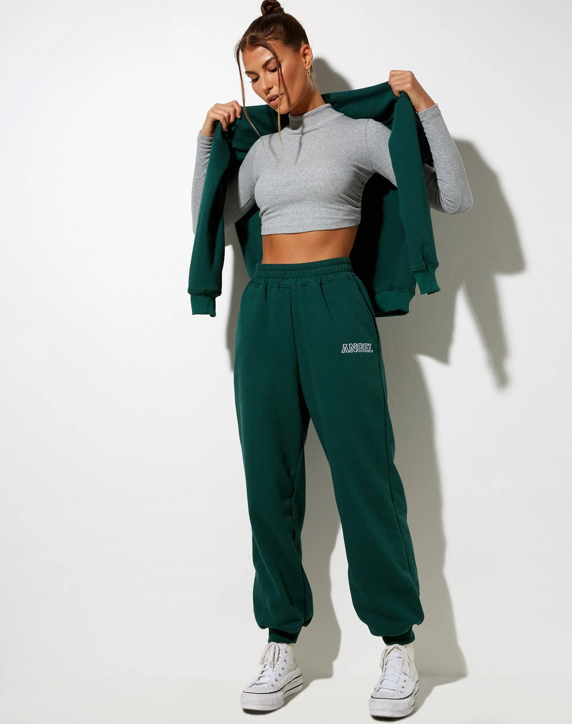 Roider Jogger in Bottle Green 'Angel' Embro in White