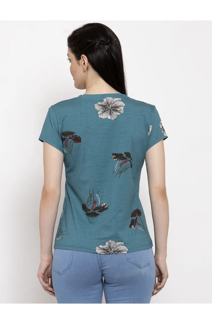 Round Neck T-Shirt Organic Cotton Floral Print - Ocean