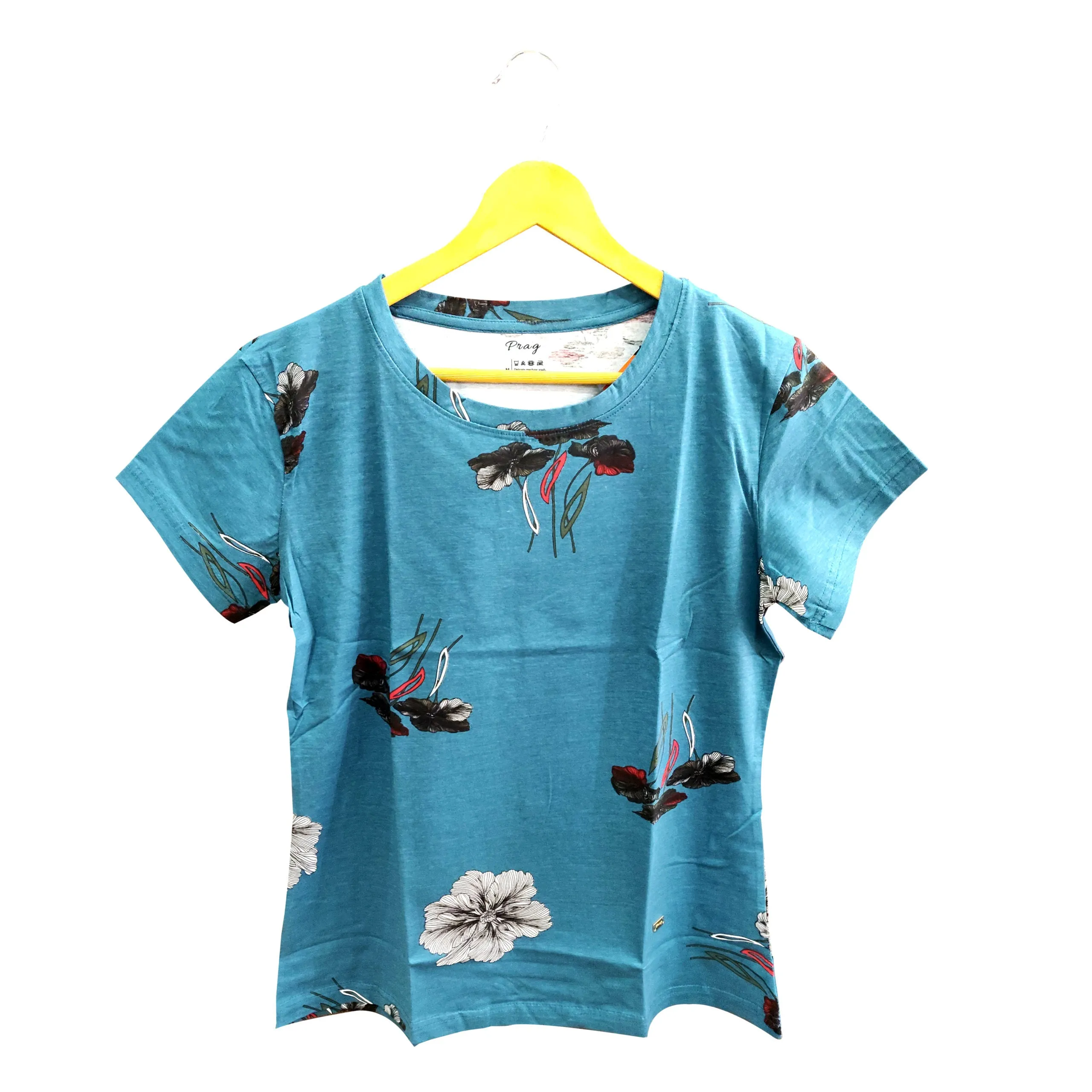 Round Neck T-Shirt Organic Cotton Floral Print - Ocean